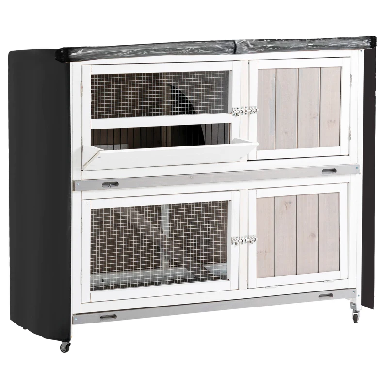 PawHut Wooden Pet Hutch, Two-Tier Cage with Rain Cover, Wheels, White