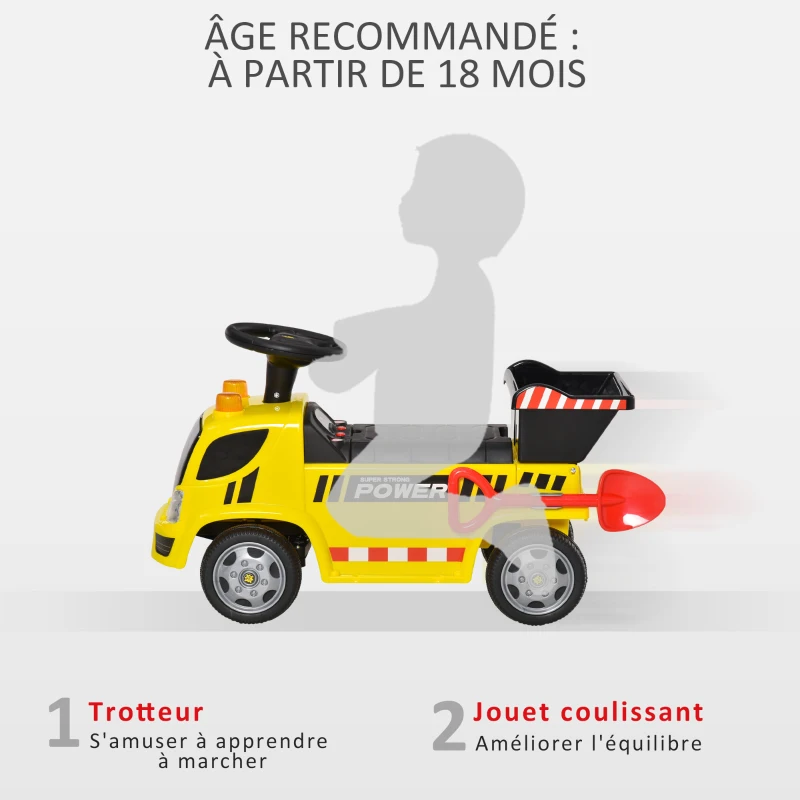 HOMCOM Porteur Enfant Camion 18-36 Mois Benne basculante Pelle Effets sonores Lumineux Noir Jaune