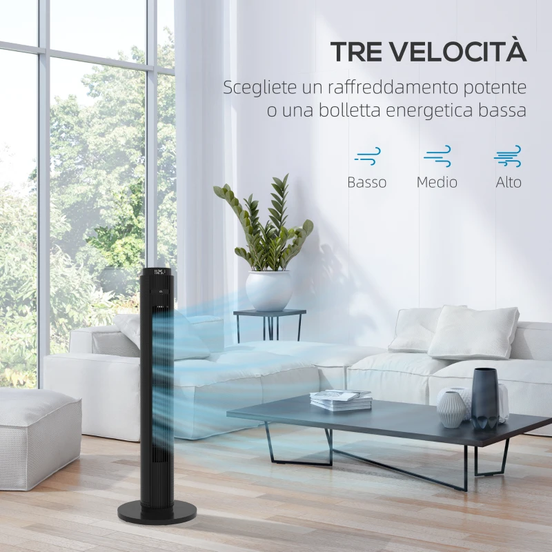 HOMCOM Ventilatore a Torre 45W a 4 Modalità e 3 Velocità con Timer da 12h, in ABS, Ø31.5x96 cm, Nero