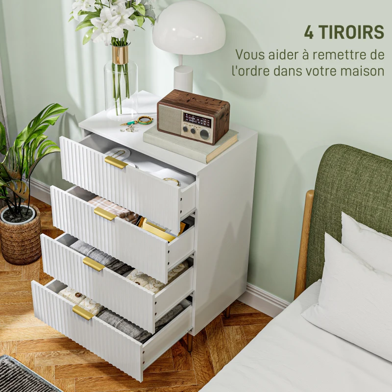 HOMCOM Commode 4 tiroirs commode chambre meuble de rangement moderne avec poignées et pieds dorés, dim. 60 x 40 x 96 cm, blanc