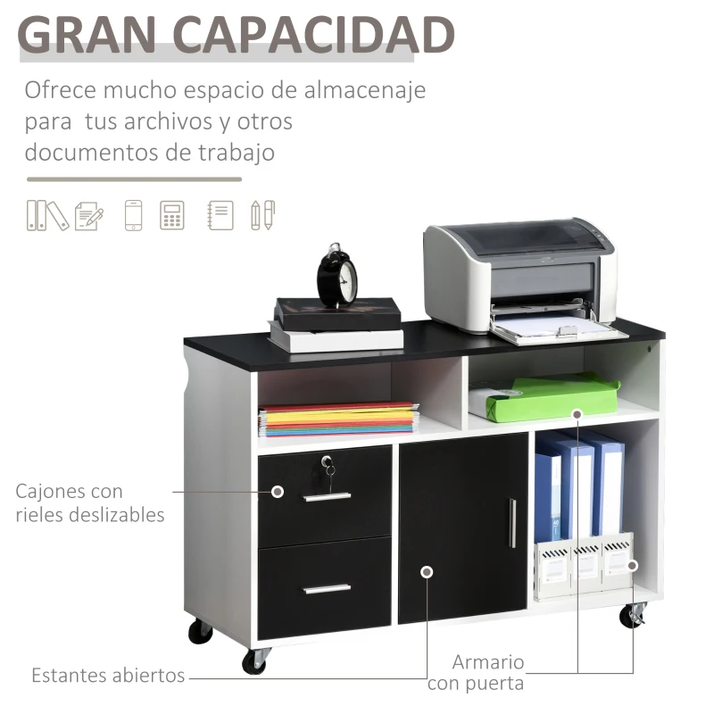 HOMCOM Mueble Auxiliar de Oficina Mueble Archivador con Ruedas Estantes y Cajones Armario Multiusos con Gran Almacenaje 100x35x65 cm Negro y Blanco