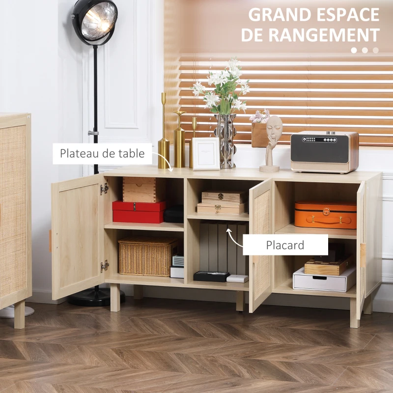 HOMCOM Buffet Meuble de Rangement Placard 3 Portes avec étagère réglable Effet cannage Style bohème - 136 x 41 x 70 cm