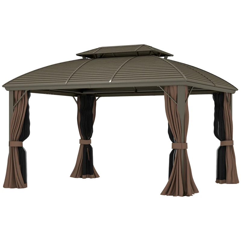 Outsunny 3.65 x 3(m) Hardtop Steel Gazebo Canopy with Aluminium Frame, Double Roof, Net Sidewalls and Curtains, Coffee