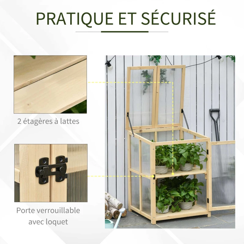 Outsunny Mini Serre de Jardin 2 Niveaux dim. 62L x 63l x 82H cm Porte et Panneau Toit ouvrant Bois Sapin traité Polycarbonate