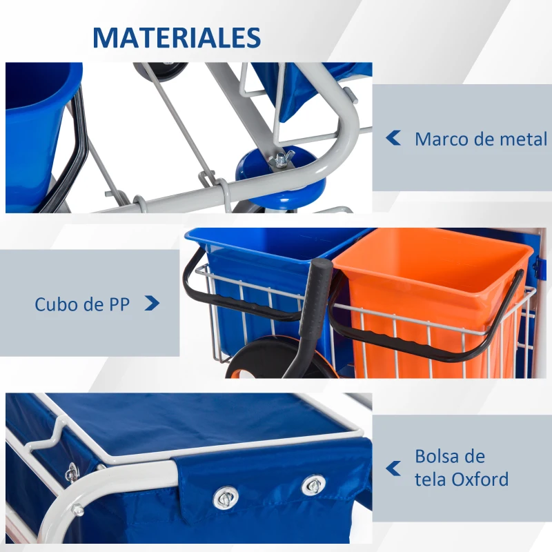 HOMCOM Carro de Limpieza con Bolsa de Basura Carro de Servicio con Doble Cubo de 18 Litros Escurridor de Prensa 2 Cubetas Auxiliares 93x80x97 cm Naranja y Azul