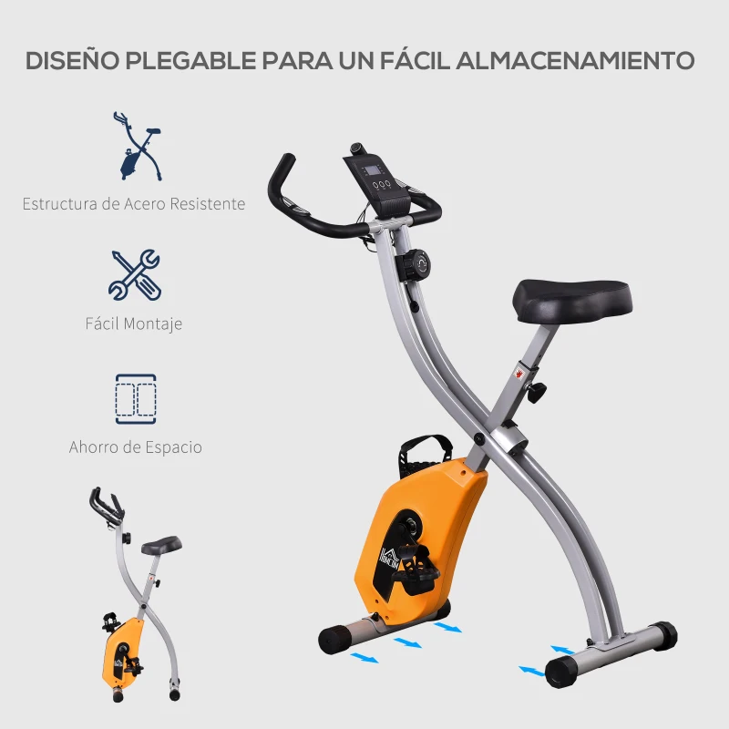HOMCOM Bicicleta Estática Plegable con 8 Niveles de Resistencia Magnética Ajustable Bicicleta de Ejercicio Fitness con Pantalla LCD Pulsómetro y Sillín Regulable 86x47x112 cm Naranja