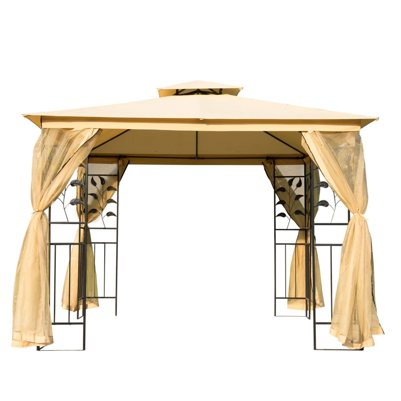Outsunny Gazebo da Giardino 3x3m con Zanzariera, Telaio in Acciaio e Doppio Tettuccio, Beige