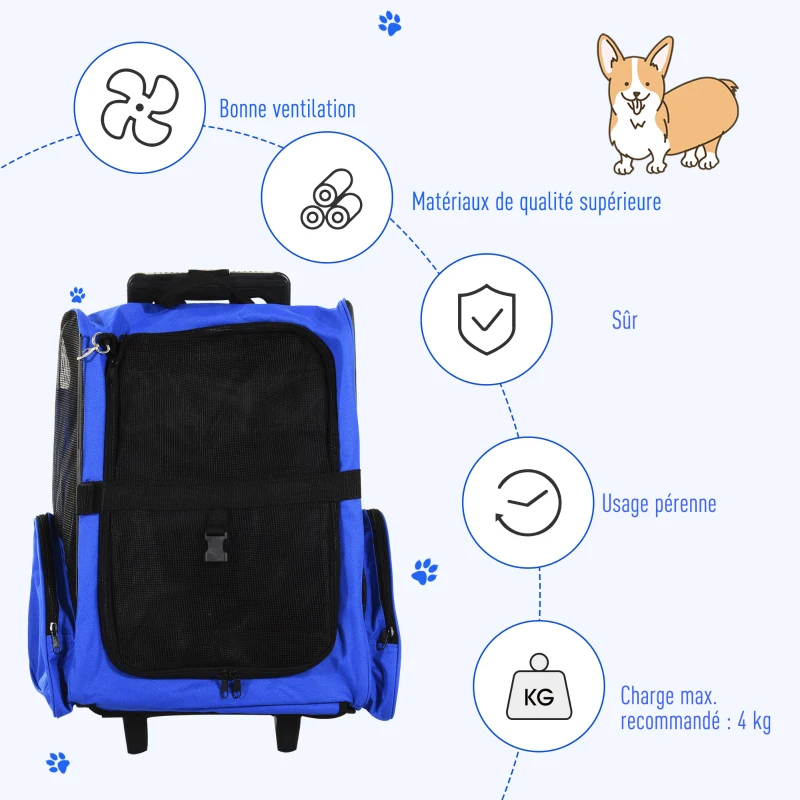 PawHut Sac de transport à roulettes pour chien 2 en 1 trolley chariot sac à dos pour chien chat avec poignée téléscopique, sacs de rangement, aérations, attache de sécurité, 42 x 25 x 55 cm, bleu