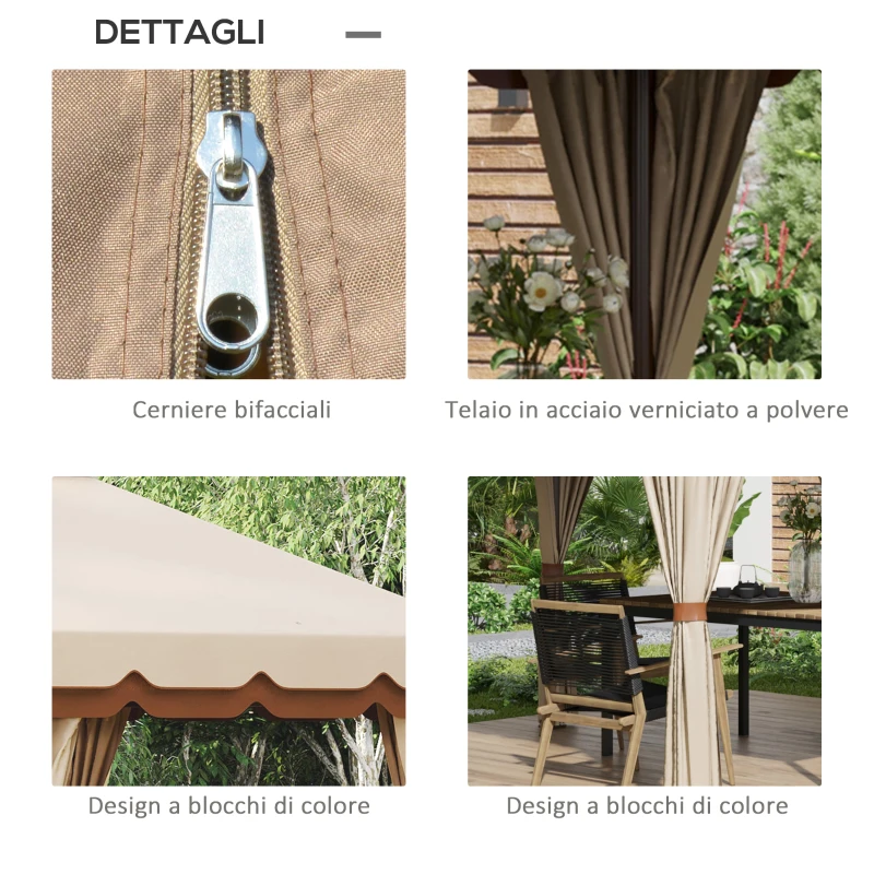 Outsunny Gazebo da Giardino 4x4m Esagonale con Doppio Tetto e Tende Laterali Rimovibili, Marrone