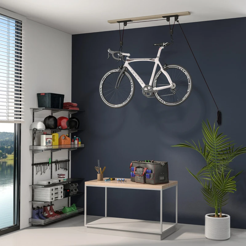 SPORTNOW Élévateur de vélo support vélo plafond fixation murale avec poulie capacité de chargement 20 kg acier noir