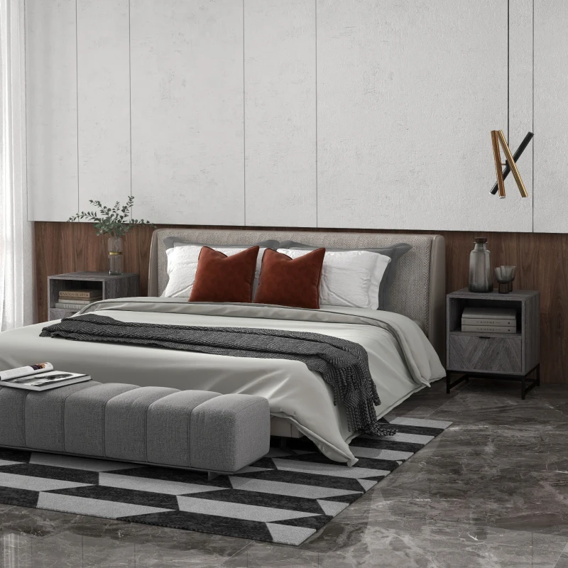 HOMCOM Bedside Table with Drawer and Shelf, Side End Table with Steel Legs for Living Room, Bedroom, Set of 2, Dark Grey