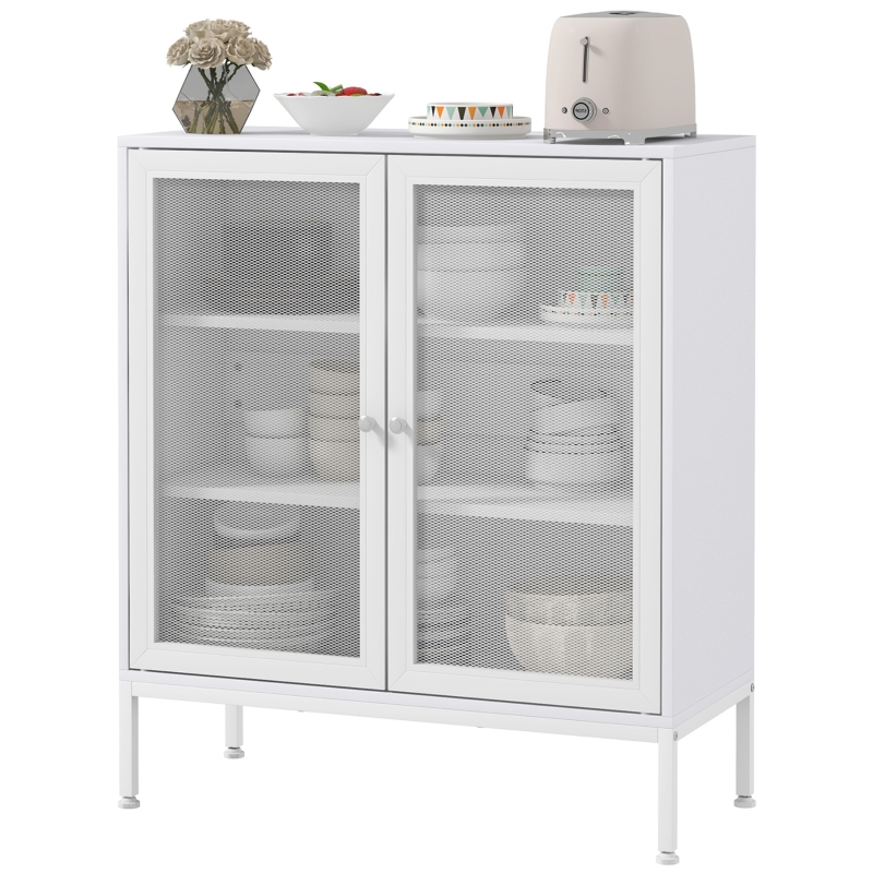 HOMCOM Buffet meuble de cuisine à 3 niveaux avec 2 portes grillagées avec étagère réglable 80 x 37 x 92 cm blanc