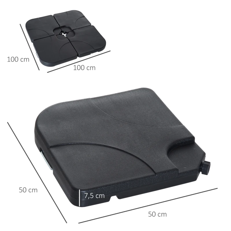 Outsunny Lot de 4 pied de parasol poids de lestage carré avec poignée pour parasol A remplir d'eau jusqu'à 60 kg ou de sable jusqu'à 72 kg 50 x 50 x 8 cm polyéthylène haute densité noir