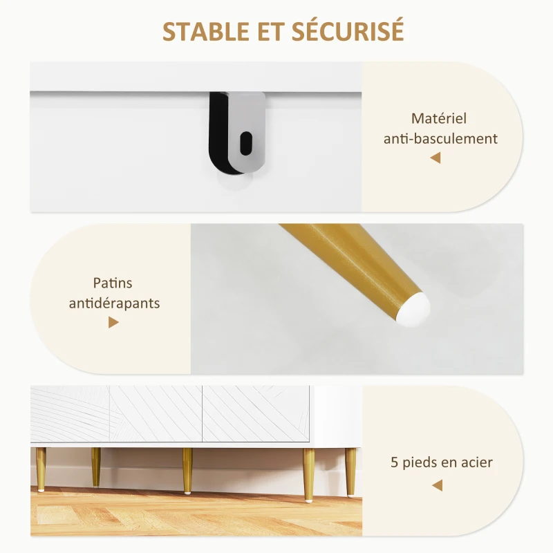 HOMCOM Buffet meuble de rangement avec 2 placard 3 portes étagères ajustables pieds dorés en acier 107 x 35 x 77 cm blanc