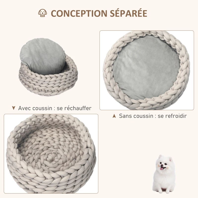 PawHut Panier pour chien et chat de 50 cm de diamètre effet tressé tricot - coussin amovible et lavable en Machine - beige
