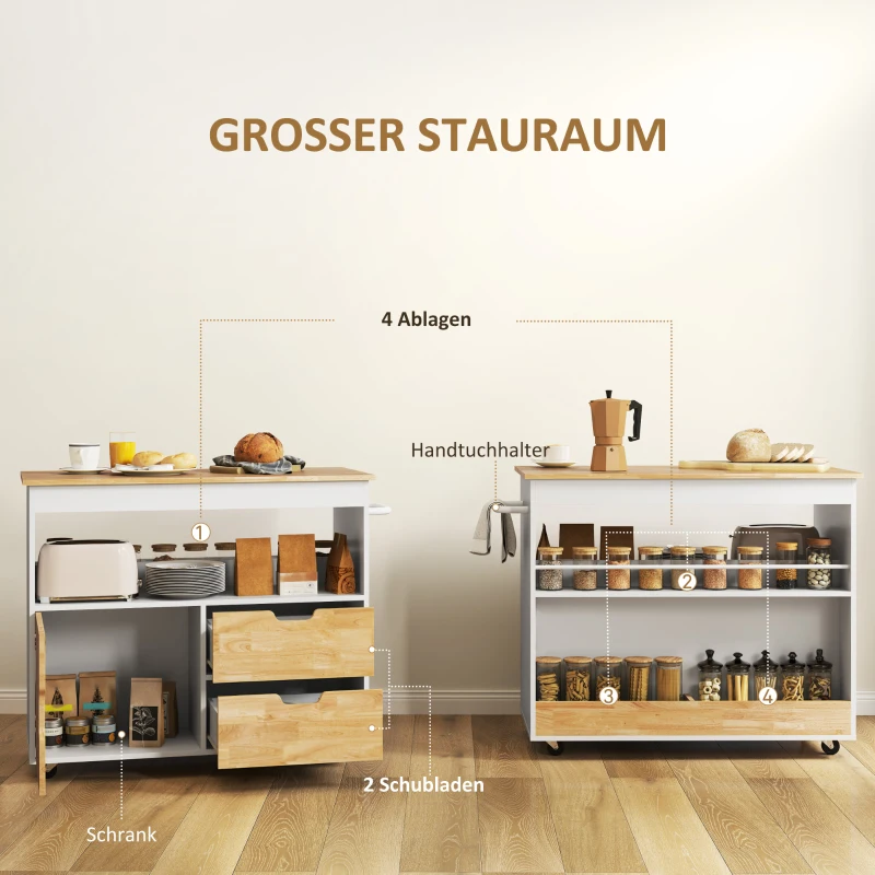 HOMCOM Küchenwagen, Rollbare Kücheninsel, Küchen-Trolley mit Fächern, Schrank und Arbeitsfläche, Weiß