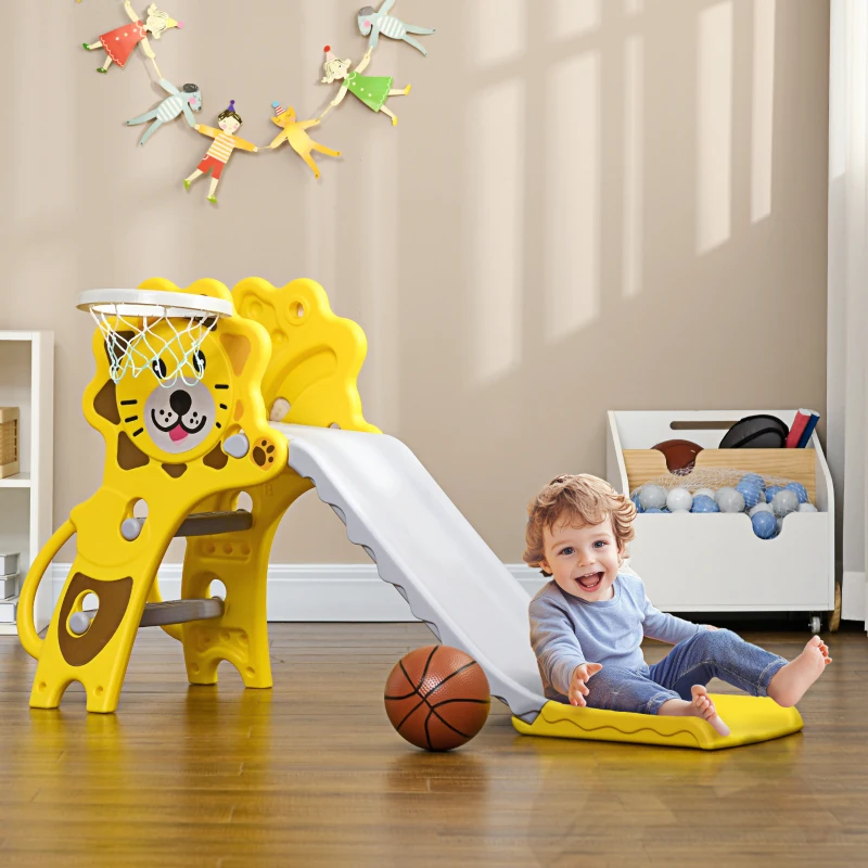 AIYAPLAY Tobogán para Niños de 18 a 36 Meses con 2 Escaleras 1 Canasta de Baloncesto y Patrón de León 131x50x74cm Amarillo y Gris