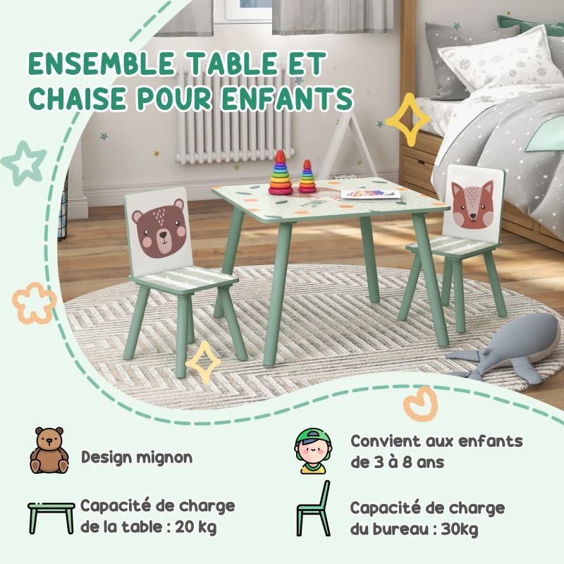 ZONEKIZ Table et 2 chaises pour enfants 3-8 ans ensemble 3 pièces motif animaux pour chambre à coucher salle de jeux vert