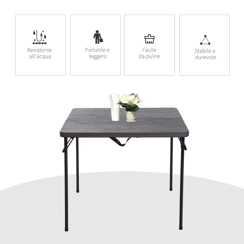 Outsunny Tavolo Pieghevole da Campeggio, Chisura a Valigetta, in Metallo e Plastica Marrone Impermeabile, 86x86x71,5cm