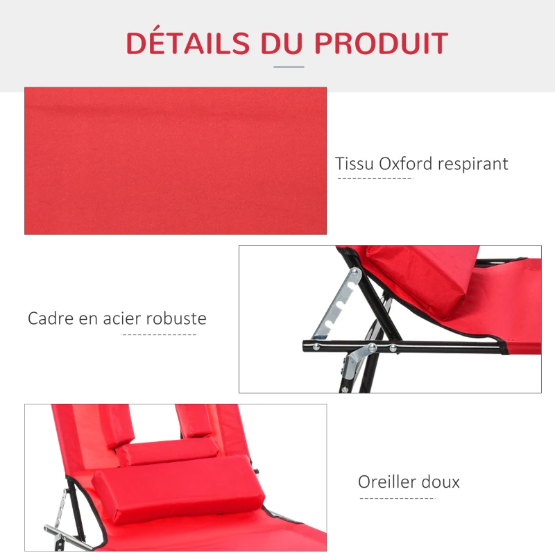 Outsunny Lot de 2 Bains de Soleil Pliable transat inclinable 4 Positions Chaise Longue de Lecture 3 Coussins fournis Rouge