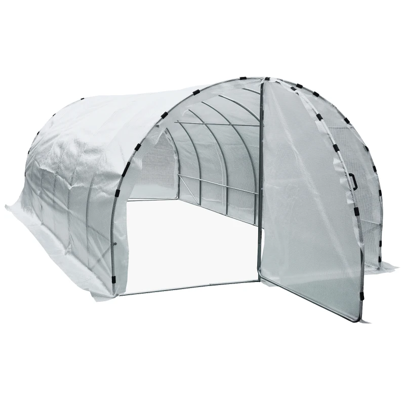 Outsunny Serre de Jardin Tunnel Surface Sol 18 m² 6L x 3l x 2H m châssis Tubulaire renforcé 25 mm Double Porte avec poignées Blanc