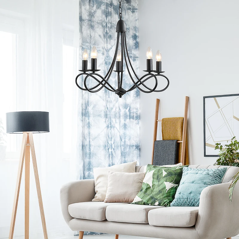 HOMCOM Lampadario a Soffitto Stile Rustico, Acciaio Intrecciato Nero con 5 Candelieri Regolabili e Pieghevoli Ф58 x 45cm