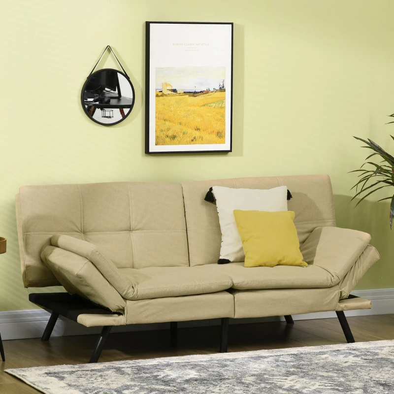 HOMCOM Canapé convertible canapé-lit 3 places, clic-clac rembourré avec accoudoirs et dossier réglables en tissu beige