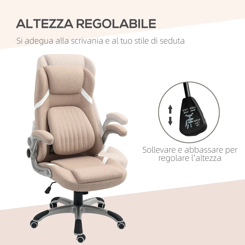 Vinsetto Sedia da Ufficio Reclinabile con Altezza Regolabile in Tessuto, 68x76x109-117 cm, Marrone Chiaro