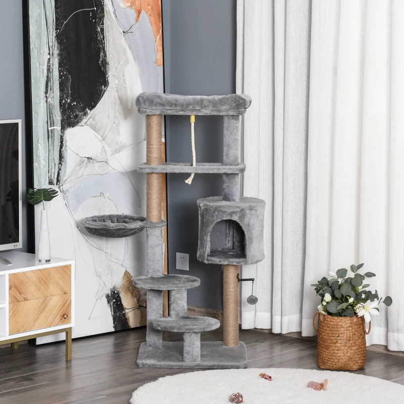 PawHut Cat Tree Tower for Indoor Cats 120cm Climbing Kitten Activity Center with Jute Scratching Post Perch Hanging Ball Hammock Teasing Rope Condo Toy Light Grey