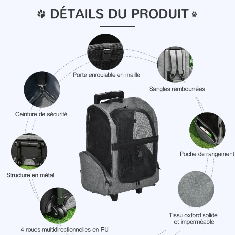 PawHut Sac de transport à roulettes pour chien 2 en 1 trolley chariot sac à dos pour chien chat avec poignée téléscopique, sacs de rangement, aérations, attache de sécurité, 42 x 25 x 55 cm, gris