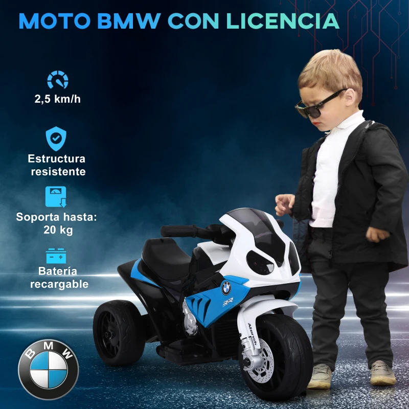 HOMCOM Moto Eléctrica para Niños de 18-36 Meses con Licencia BMW S1000RR con Velocidad 2,5 km/h Carga 20 kg 66x37x44 cm Azul
