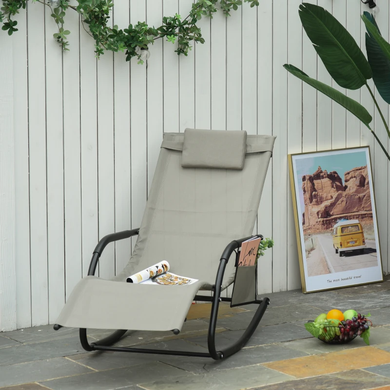 Outsunny Poltrona a Dondolo da Giardino con Poggiatesta e Tasca Laterale, 150x62x88 cm, Nero e Grigio