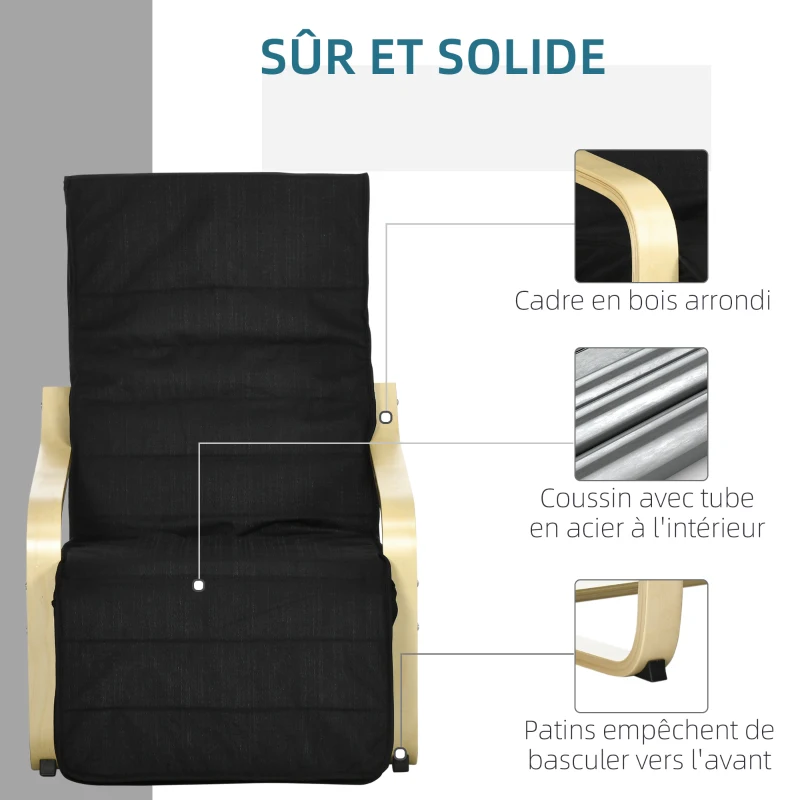 HOMCOM Fauteuil Relax Confort et Relaxation avec Repose-Pied réglable déhoussable 94 x 66,5 x 100 cm cm Bois Massif Noir