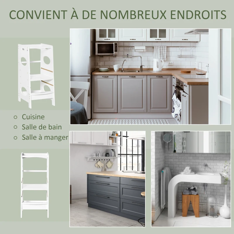 HOMCOM Tour d'apprentissage observation en MDF pour enfants - hauteur réglable - marches antidérapantes avec barres de sécurité - dim. 40L x 50l x 90H cm - blanc