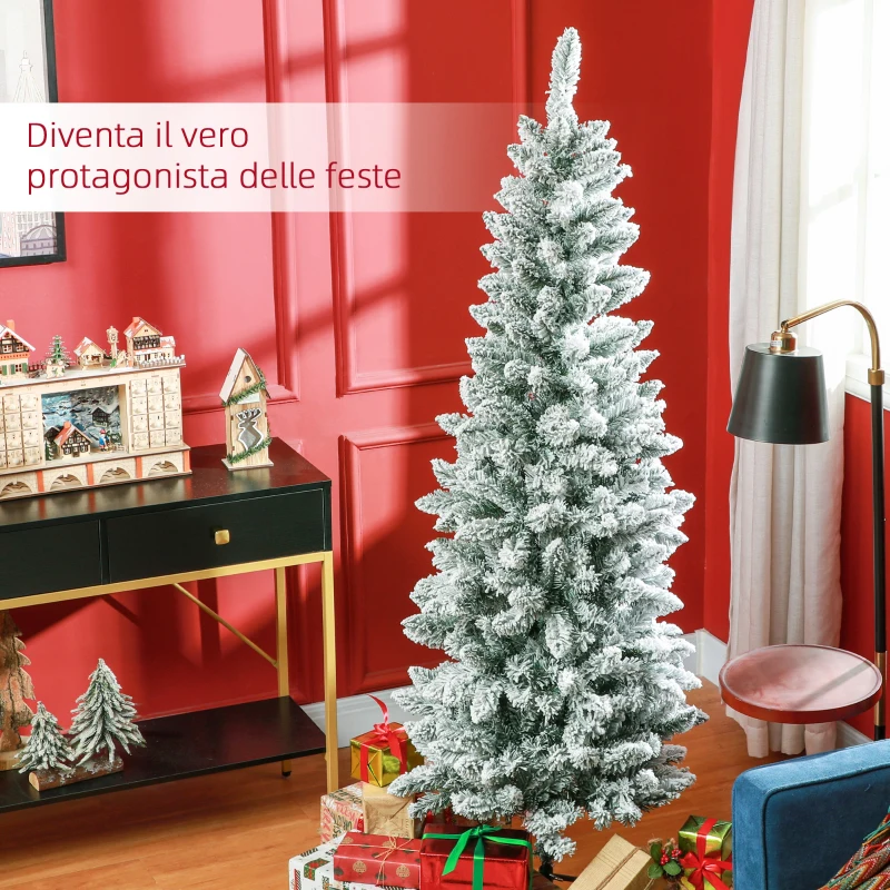 HOMCOM Albero di Natale 182.88cm con 479 Rami Innevati, Design Alto e Stretto con Base Pieghevole, Verde