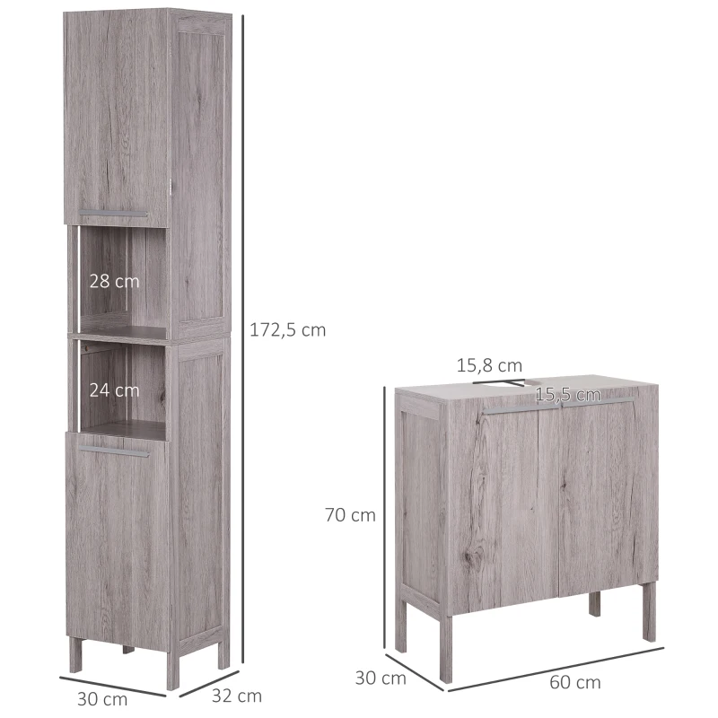 kleankin Meuble Colonne Rangement Salle de Bain + Meuble sous-vasque Design compact Multi-rangement aspect imitation bois gris