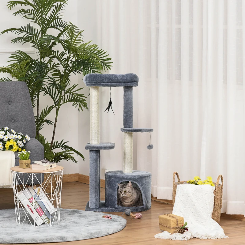 PawHut Albero Tiragraffi per Gatti Adulti su più Livelli, Castello per Gatti con Cuccia, Posatoio e 2 Ripiani, Bianco e Grigio, 48x35x100cm