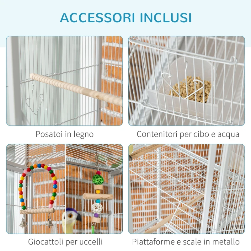 PawHut Gabbia per Uccelli in Acciaio e PP con Posatoi, Giochi, Contenitori per Cibo e Vassoio, 83x53x180 cm, Bianco