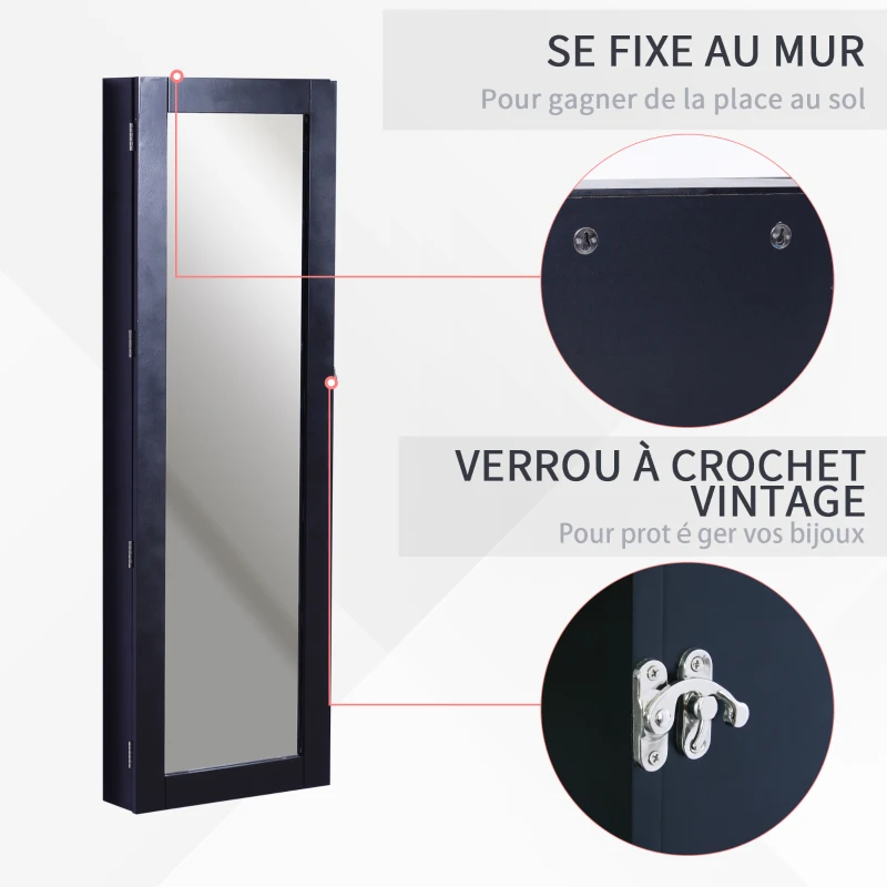 HOMCOM Armoire à Bijoux Multi-rangements Design Contemporain Mural avec Miroir 37L x 10l x 112H cm Noire
