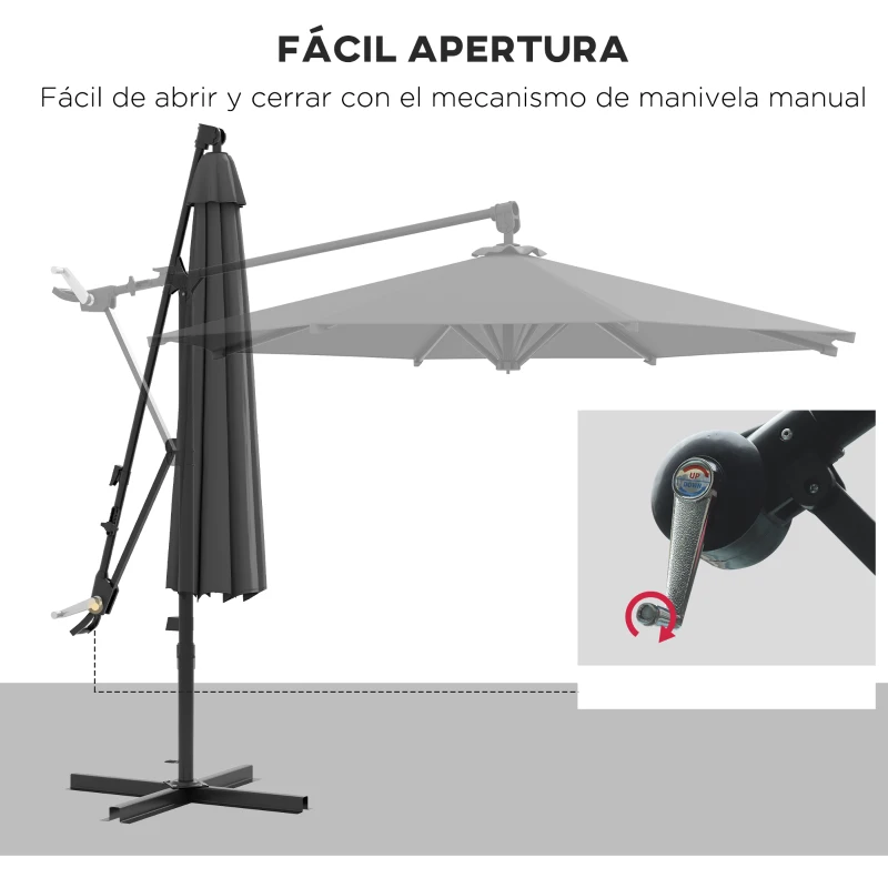 Outsunny Sombrilla de Jardín Giratoria 360° 3x3 m con Manivela Manual 8 Varillas Base Cruzada y Soporte de Acero Gris Oscuro