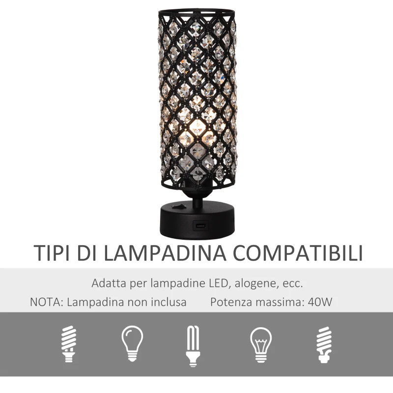 HOMCOM Lampada da Tavolo con Paralume in Cristallo e 2 Porte USB, Luce Regolabile Ф10.8x30cm, Nero