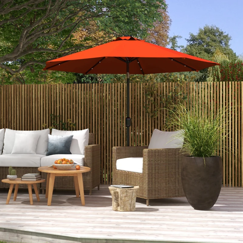 Outsunny 2.7m Outdoor Patio Garden Umbrella Parasol with Tilt Crank and 24 LEDs Lights, Orange