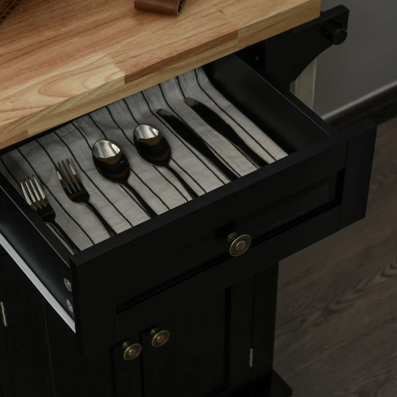 HOMCOM Desserte ilôt de cuisine multi rangements 2 tiroirs 2 placard 2 portes avec étagère range-bouteille porte-torchons et étagère réglable MDF noir hévéa