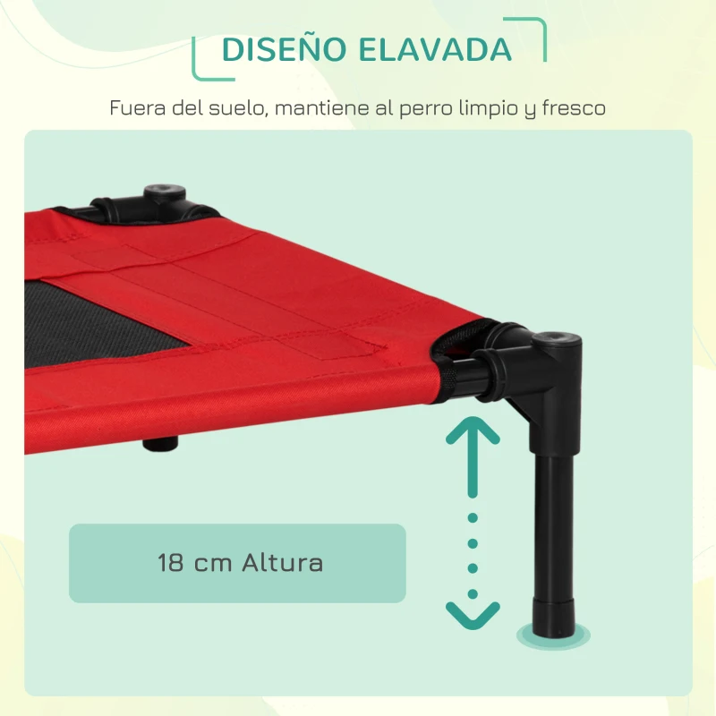 PawHut Cama Elevada para Perros Gatos Portátil Cama para Mascotas con Zona de Malla Transpirable y Tela Oxford para Interior Exterior 61x46x18 cm Rojo