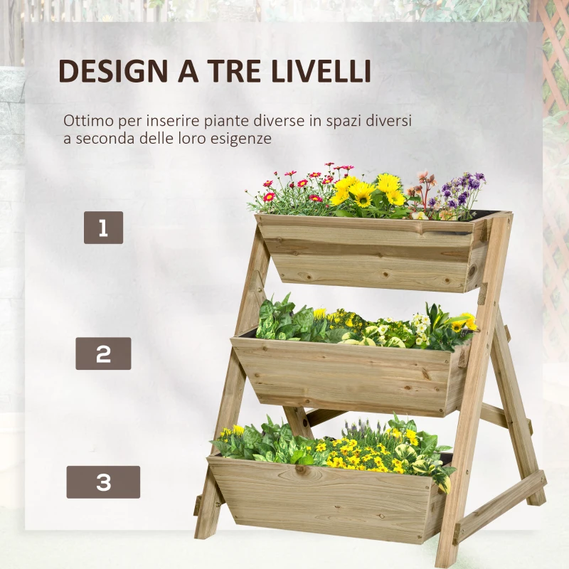 Outsunny Fioriera da Giardino a 3 Livelli con Feltro Drenante Geotessile, in Legno di Abete, 71x61x77 cm