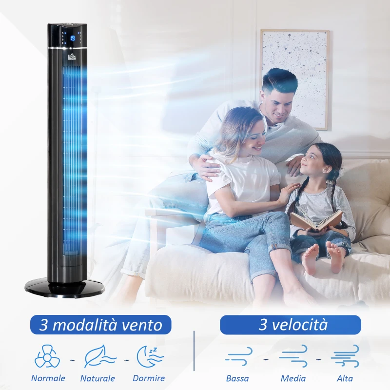 HOMCOM Ventilatore a Colonna 60W con 3 Velocità, 3 Modalità e Timer 8h, in ABS, Ø32x106.8 cm, Nero