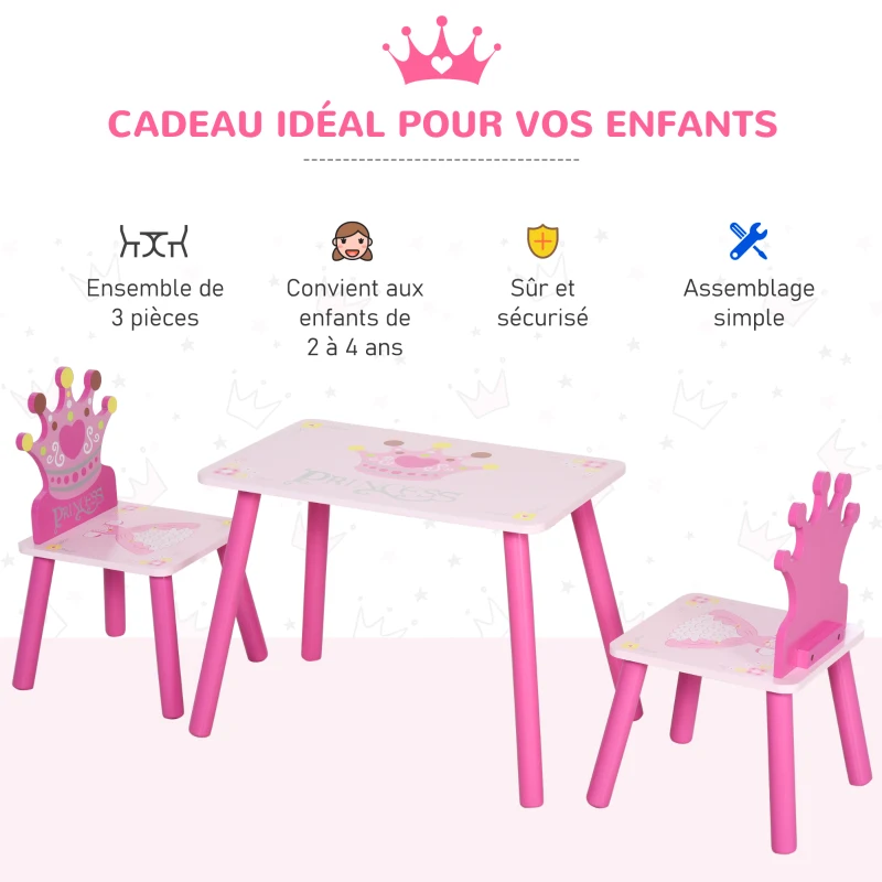HOMCOM Ensemble table et 2 chaises enfant 3 pièces, pieds en bois massif, table enfant avec chaise motif couronne, pour filles et garçons de 2 à 4 ans, rose