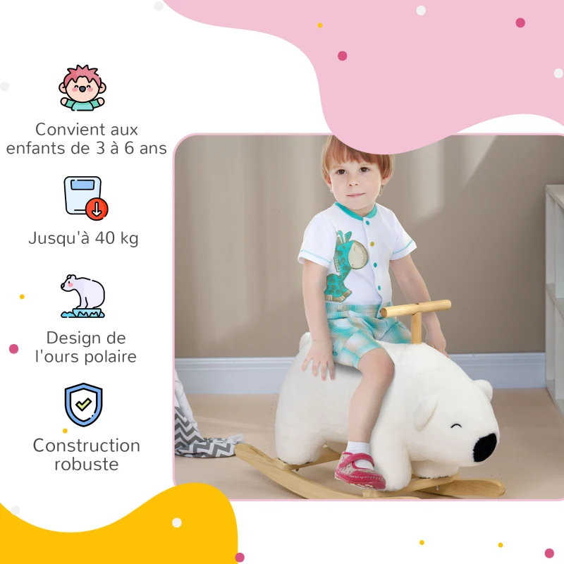 HOMCOM Ours à bascule pour enfant jeux jouet à bascule avec sons pour 3 - 6 ans socle en bois blanc