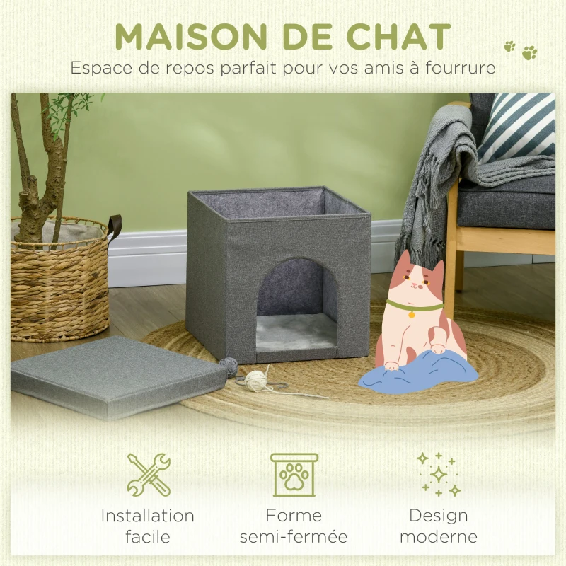 PawHut Niche maison pour chat cube pliable avec plateau griffoir coussin moelleux tissu aspect lin 36,5 x 36,5 x 36,5 cm gris