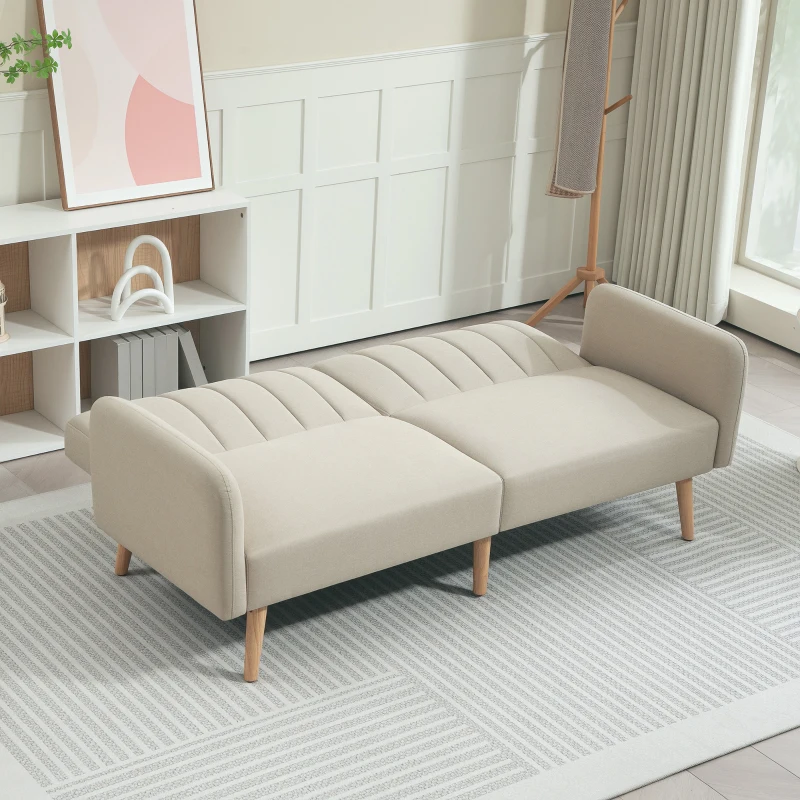 HOMCOM Canapé Convertible 2 Places Design scandinave Dossier inclinable 3 Positions Pieds Bois Tissu Aspect Lin Beige